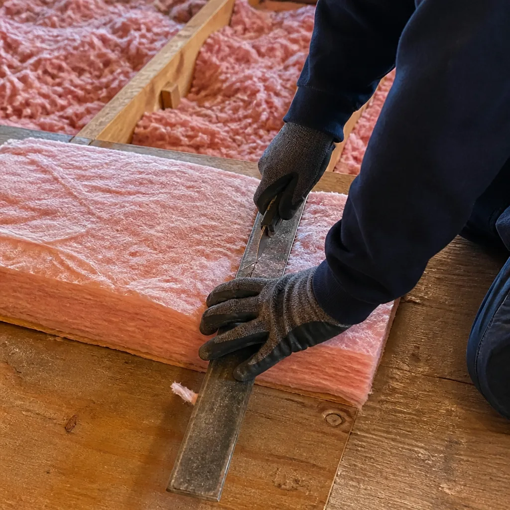 Worker cutting pink fiberglass insulation batt for attic installation