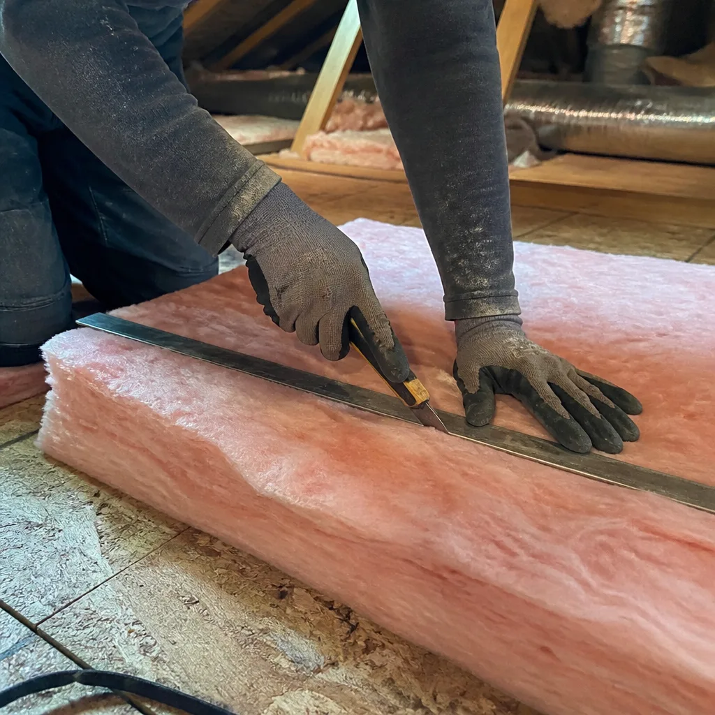 Worker cutting pink fiberglass insulation batt with utility knife in attic
