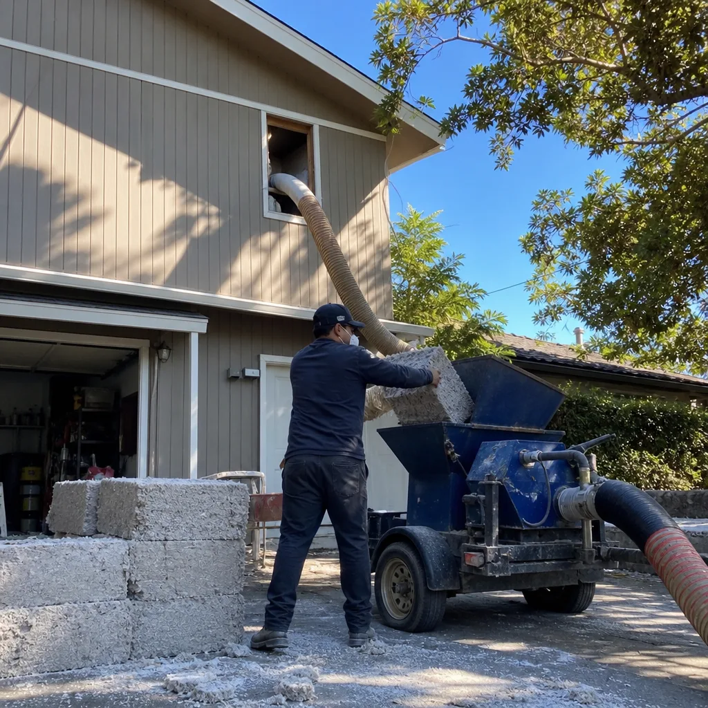 Contractor installing blown-in insulation using a professional blower machine.