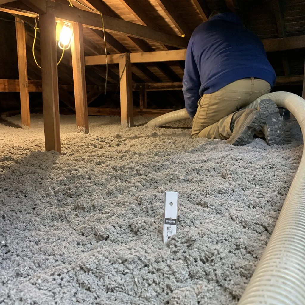 Professional technician installing blown-in cellulose insulation in an attic