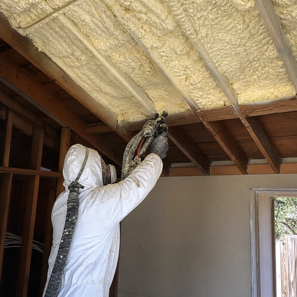 Contractor applying professional spray foam insulation to a wooden ceiling