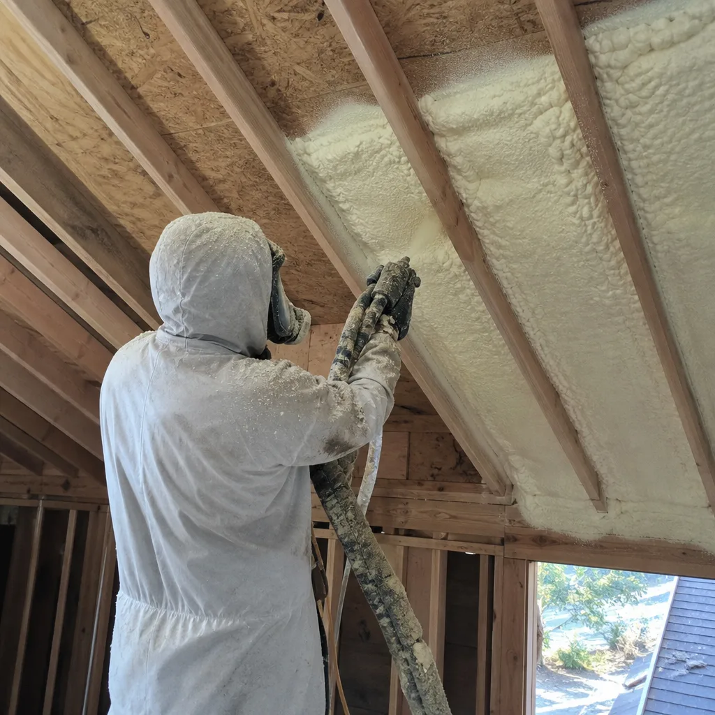 Contractor applying spray foam insulation between roof rafters in an attic
