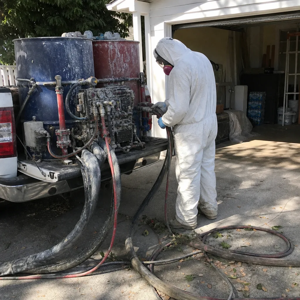 Technician in protective suit operating spray foam insulation equipment